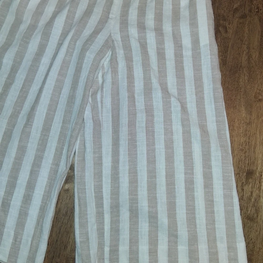 H&M White & Tan Linen Blend Stripe Cropped Wide Leg Pants 8